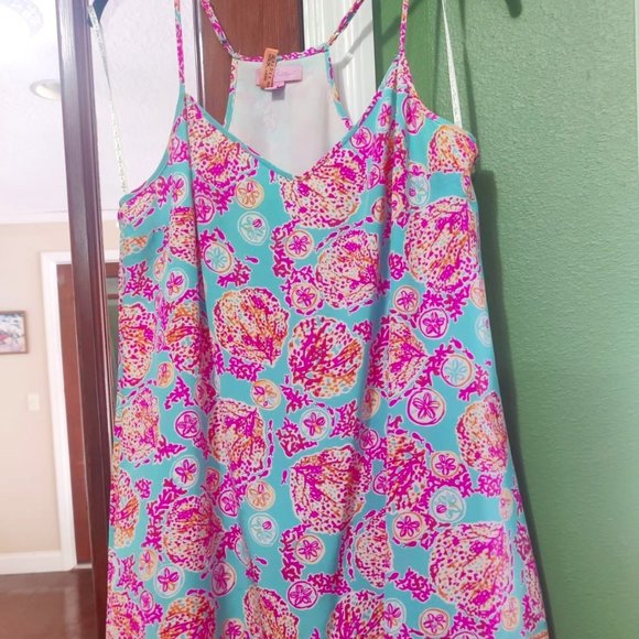 VEUC Sz M Lilly Pulitzer Sea Silk Dusk dress - Hot Pink, Turquoise, Coral, White - Picture 3 of 11
